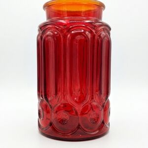1970 vintage L.E. Smith "Moon & Stars" pattern apothecary jar  in red glass.  XL